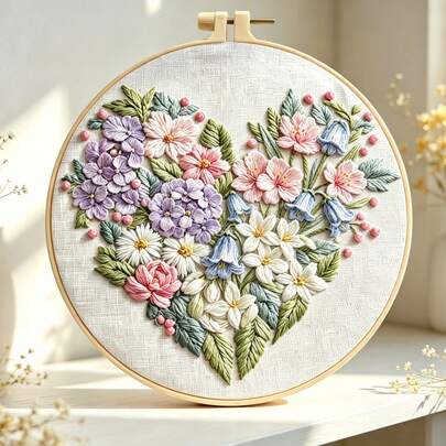 3 Styles 3D Embossed Floral Handmade Embroidery Full Material Kit, Mori Style Bouquet/Heart/Butterfly/Pattern Printed With Round Embroidery Hoop, Beginner Zero-Based DIY Embroidery, Wall Soft Decoration, Holiday Commemorative Creative Handmade Gift