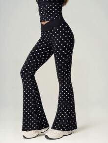 UONNOU 2pcs Polka Dot Square Neck Criss-Cross Strap Tank Top + Criss-Cross Waist Flare Pants Sports Set - Black - View 10