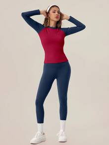 TimeOff Women's One Set Colorblock Round Neck Long Sleeve High Waist Leggings Gym Workout Set - Navy Blue - View 9