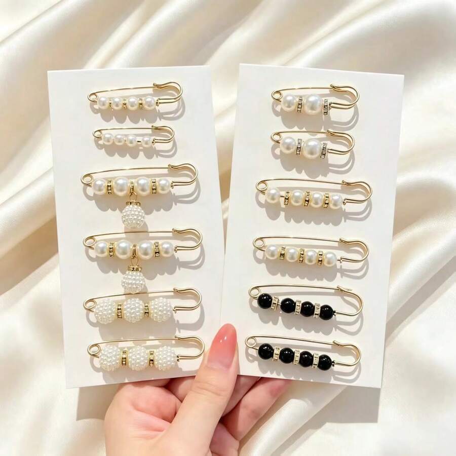 12pcs Pearl Safety Pin Set, Adjustable Waist Fastener Decorative Brooch Pins, Multi-Functional Clothing Clips Suitable For Women And Girls Apparel, Especially For Jeans, Dresses, Cardigans, Shawls, Shirt Collars And Other Clothing Accessories