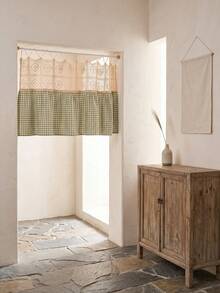 1/2pcs Green & White Plaid Patchwork Beige Hollow Woven Half Curtain, Fresh Country Style, Rectangular Top Hollow Lace & Bottom Scalloped Edge Detail, Shading & Decorative Function, Suitable For Kitchen Windows & Fresh Home Decor - Green - View 7
