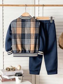 Young Boy Casual Fashion Plaid Patchwork Royal Blue Long Sleeve Baseball Shirt And Small Badge Long Pants Set - Multicolor - View 4