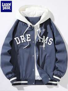 Men's Hooded Drawstring Front Button Letter Print Lightweight Casual Spring/Autumn Long Sleeve Jacket & Coat - Dusty Blue - View 1