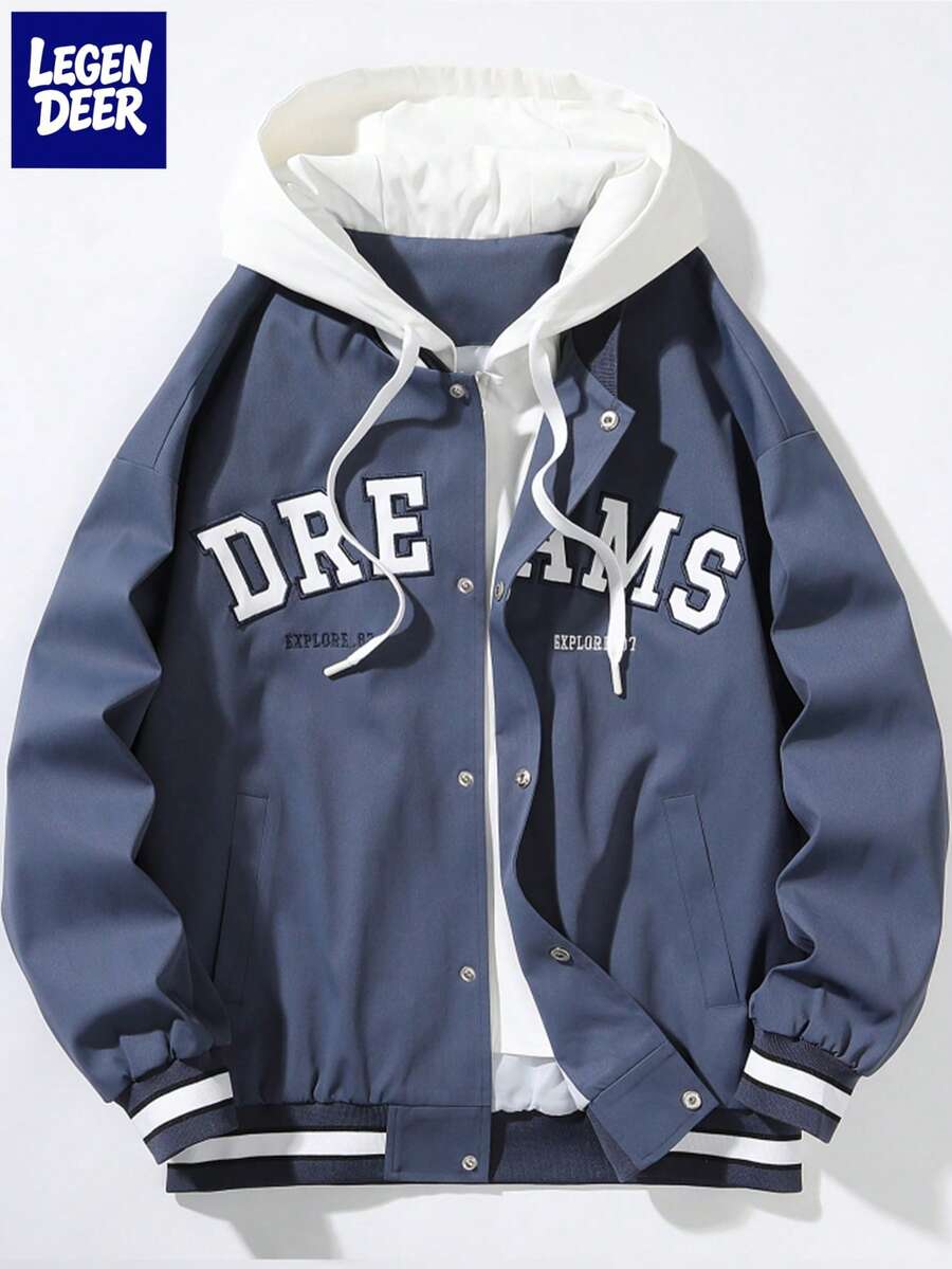 Men's Hooded Drawstring Front Button Letter Print Lightweight Casual Spring/Autumn Long Sleeve Jacket & Coat - Dusty Blue - View 1