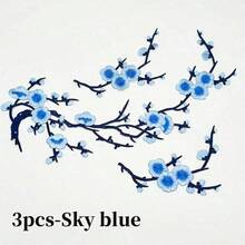 3件組粉藍梅花刺繡布貼，衣物裝飾配件，附背膠 - A - 查看 10