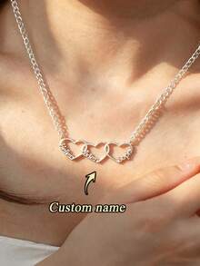 1pc Personalized Name Necklace, Can Customize 1-5 Names, Multi Heart Pendant Necklace, Family English Name Necklace, Men's Stainless Steel Cuban Chain Necklace, Romantic Personalized Font Pendant Necklace, Valentine's Day Gift, Classic Elegant, Suitable For Family, Best Friends, Mother's Day Gift - Silver 2 - View 2