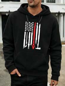 Pull de pompier avec drapeau américain, 100 % coton, coupe confortable, style streetwear et hip-hop, imprimé original - Noir - Voir 1
