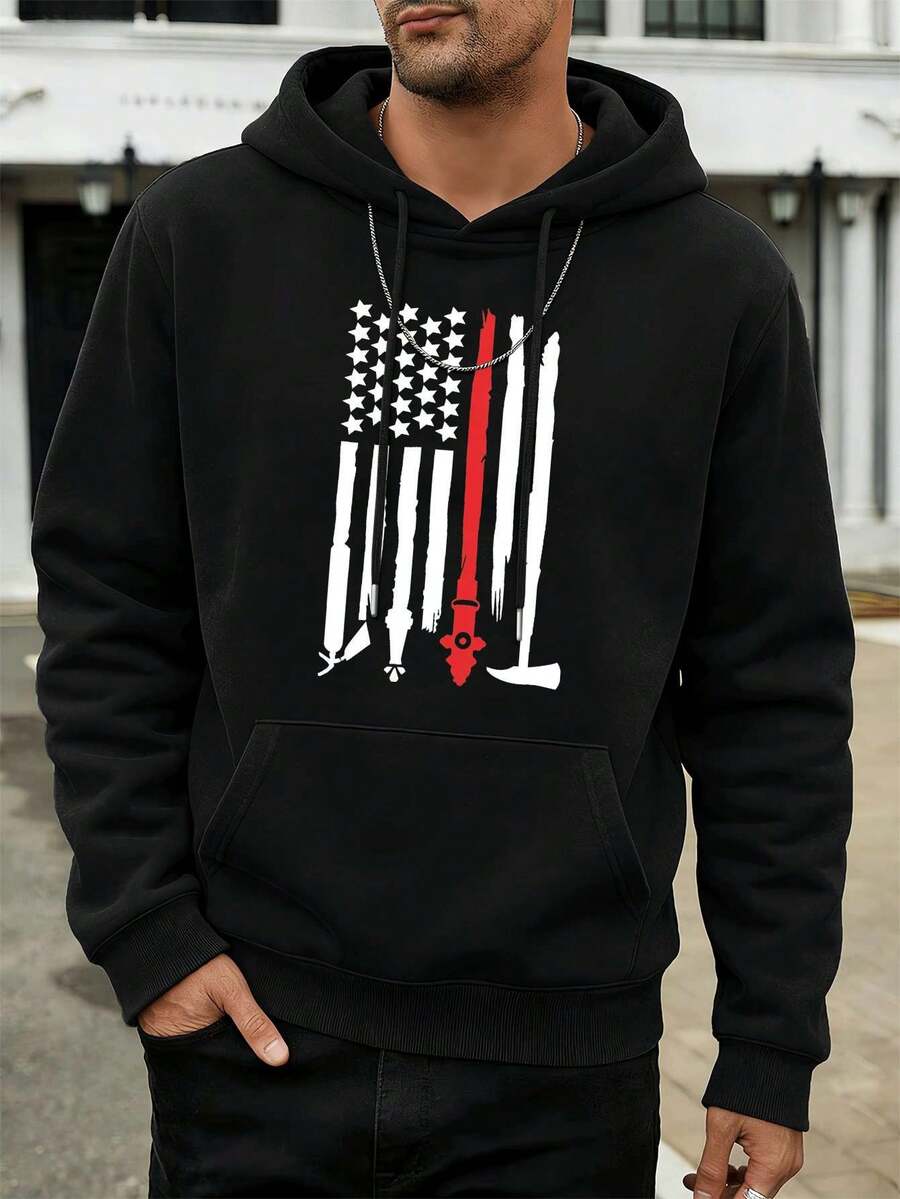 Pull de pompier avec drapeau américain, 100 % coton, coupe confortable, style streetwear et hip-hop, imprimé original - Noir - Voir 1