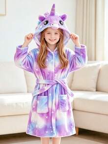 Tween Girl Purple Starry Sky Unicorn Long Sleeve Hooded Pajamas Bathrobe - Multicolor - View 3