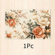 1pc French Vintage Floral Print Linen Style Placemat, Cream Base With Pink Orange Peony Rose Branch And European Scroll Border, Rectangular Table Mat, Elegant Country Style Dining Pad, Breakfast Mat, Kitchen Dining Room Wedding Party Table Decor - Multicolor - View 10