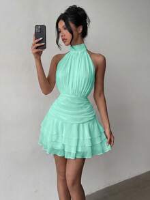 Elegant Halter Neck Backless Mini Dress With Layered Ruffle Hem, Suitable For Summer Party, Beach Vacation, Daily Outing, Holiday And Graduation Ceremony - Mint Green - View 7