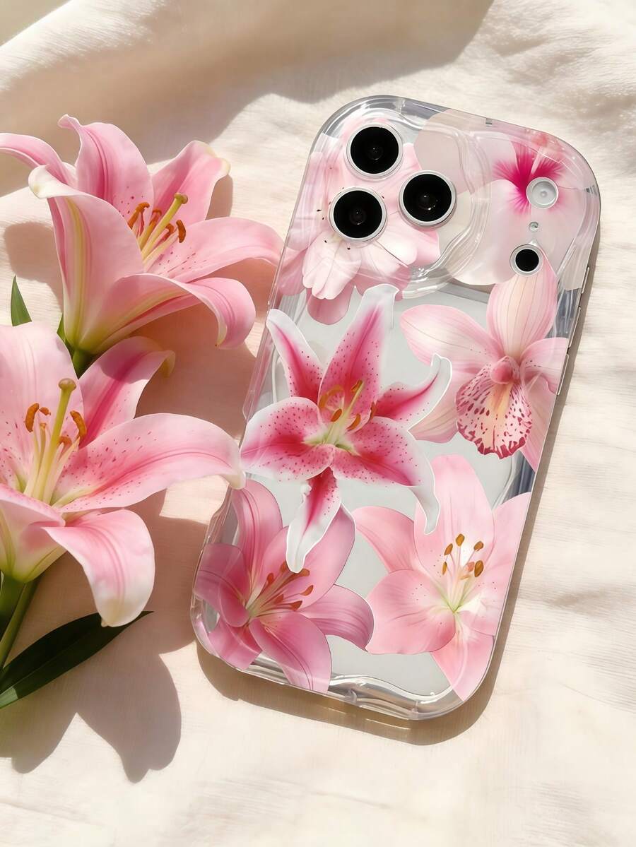 Creamy Dopamine Wave Ruffle Soft TPU Texture, Creative Personalized Pink Floral Pattern Phone Case Suitable For Galaxy S21 S22 S23 S24 S25 S26/Honor/ And Other Models - Clear - View 1