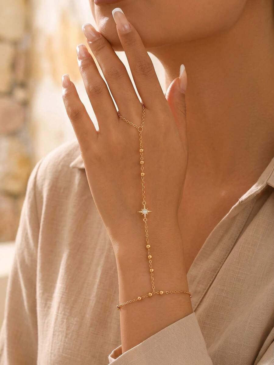 1pc Minimalist Classic Shiny 8-Point Star Decor Finger Chain, Casual Versatile Women's Hand Jewelry, Suitable For Daily Wear And Date Party, Chain Length Cut By Section, Number Of Sections Not Fixed - Multicolor - View 1