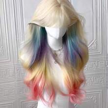 Dopamine Rainbow Ombre Long Wavy Wig With Bangs, Cream Blonde Base Multicolor Gradient Synthetic Full Wig For Anime Cosplay & Sweet Girls Portrait - 65cm [Rainbow Highlights] Hairnet Included - View 2