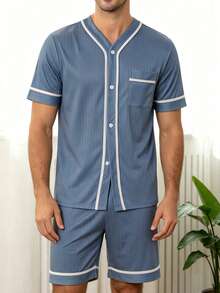 Men's Summer Thin V-Neck Cardigan Style Solid Color Pocket Short Sleeve & Shorts 2-Piece Pajama Set, Gentle Premium Comfortable Loungewear - Blue - View 5