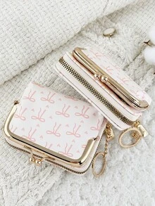 Fashionable Bow Print Zipper Credit Card Holder With Chain Keychain, Multi-Compartment Design, Suitable For Travel - White - View 7