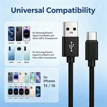 3pcs USB A To Type-C Nylon Braided Fast Charging Data Cable, Wear-Resistant Charging Cable, 1-3m Optional, Compatible With Samsung, , And Other Android Type-C Phones, Suitable For Car And Indoor Use, Halloween Gift Choice - Black - View 5