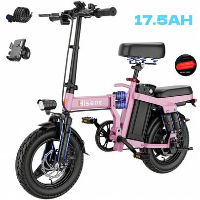 Hisent F9-Pink  Folding Electric Bike ,48V 17.5AH Battery, 14" Premium Tires,500W Brushless Motor, Max Speed 19.9 Mph. 26 -35 Miles Range, LED Headlight, Perfect For Commuting & School,Ebike For Adults,Electric Bicycle,Cheap Ebike