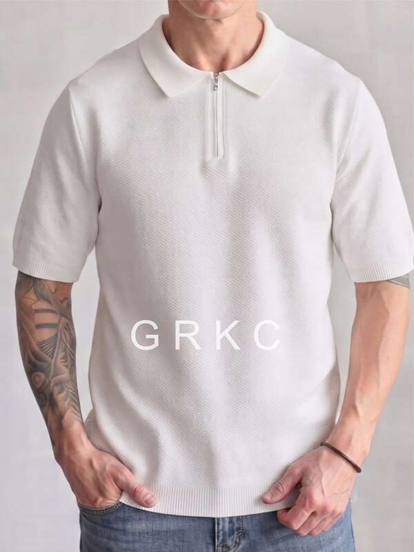 GRKC Men's Short Sleeve Polo Shirt, Polo Collar, Short Knit, Loose Straight Fit, Business Casual Style, Half-Zip Knit Polo, Spring/Summer Top