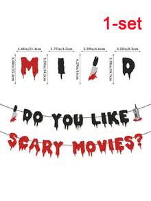 1/2 piezas Guirnalda de gotas de sangre con purpurina, Decoración de Halloween, Guirnalda de letras "¿TE GUSTAN LAS PELÍCULAS DE TERROR?" con recortes de cuchillo y teléfono, Decoración colgante con tema de película de terror, Decoración de dormitorio, Decoración de pared para fiesta de asesinos de Halloween - Multicolor - Ver 10