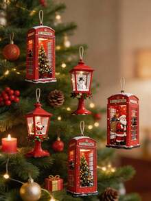 2D Flat Wooden Christmas Hanging Decor, Red London Telephone Booth & Street Lamp Pendant, Christmas Decoration, Santa Claus Snowman Mini Christmas Tree Ornament, Winter Holiday Window & Door Hanging Sign, Festive Wooden Christmas Tree Home Party Gift Decor - Multicolor - View 7