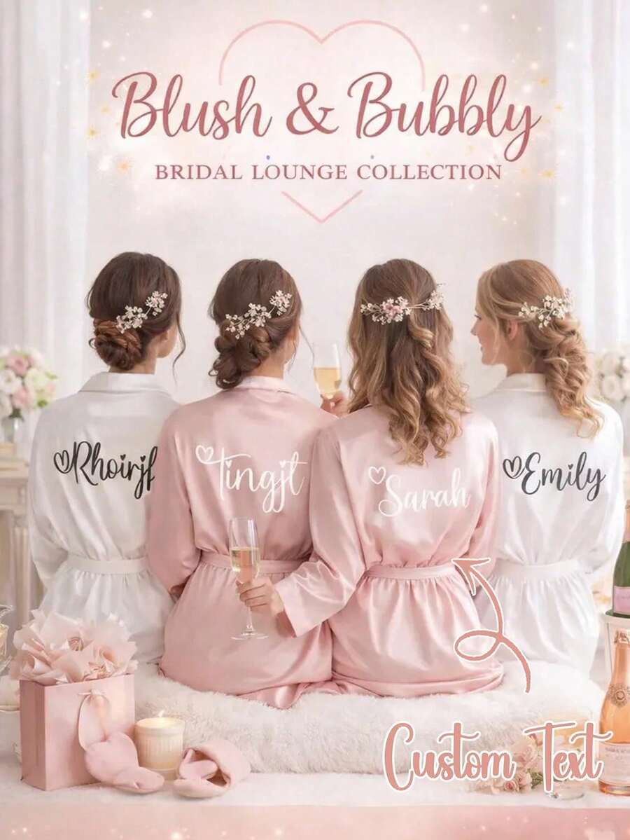 1 pieza Bata de novia de satén de manga corta personalizada, texto personalizado, bata de novia y dama de honor personalizada para boda, bata con nombre personalizado, regalo de bata de novia - Multicolor - Ver 1