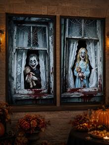 1 Set Bloody Horror Doll Halloween Window Cover, Thriller Style Polyester Rectangular Curtain Fabric With Eerie Boy & Girl, Old Window And Bloodstain Prints, Suitable For Halloween Photo Props, Haunted House, Indoor/Outdoor Decoration, Yard Party And Door/Window Decor - E - View 5