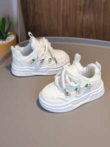 1 Pair White Strawberry Pattern Casual Soft Sole White Sneakers For Girls, PU Leather Versatile Baby Shoes - White - View 3