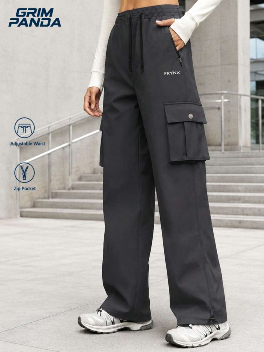 GRIM PANDA Women's Multi-Pocket Cargo Pants, Soft Shell Hiking Pants, Loose Straight Leg Cuffed Pants, Zipper Pockets, Drawstring Hem, Outdoor Hiking, Casual Wear - Grey - View 1