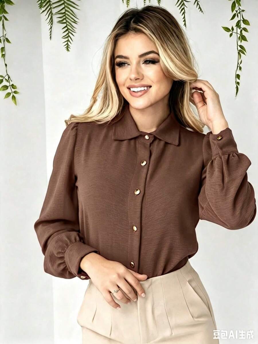 Women's Dress Shirt With Buttons, Long Sleeves, Fashion, Super Fast Shipping! - 鏽棕色 - 查看 1