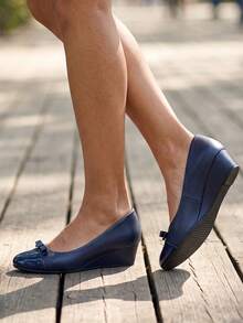 Round Toe Fashionable Comfortable Casual Wedge Heel Women's Shoes Commute Knot Design - Blue - View 2