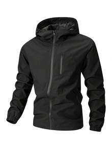 Women's Solid Color Hooded Jacket With Single Chest Vertical Zipper Pocket, Segmented Horizontal Cut Body, Forest Camp Zipper Jacket - Black - View 3