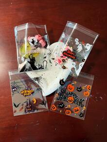 白色幽靈蜘蛛網女巫圖案萬聖節禮品包裝 OPP 袋，Happy Halloween 印花小卡禮品裝飾自黏袋，適用主題派對禮品促銷與贈品袋 - J-多色 - 查看 5