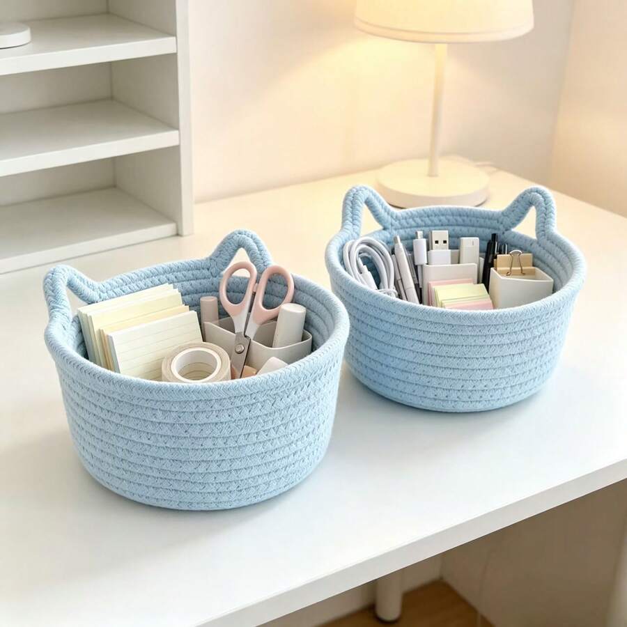 1pc/3pcs Cat Ear Design Hand-Woven Desktop Storage Basket, Modern Home Fabric Storage Basket, Suitable For Living Room, Bedroom, Desk, Bathroom, Bedside Table, Entryway, Cosmetics Storage, Bathroom Storage And Home Storage Box