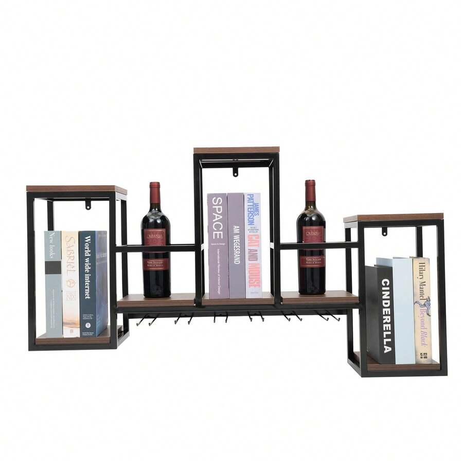 Wall-Mounted Modern Minimalist Metal Wine Rack, Sturdy Hanging Wine & Bottle Storage System, Wall Wine Rack For Home Bar, Kitchen And Dining Room Decoration - 棕色 - 查看 1
