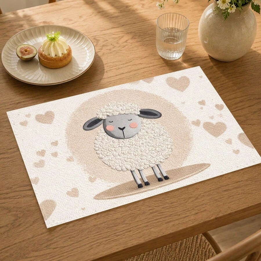 1pc Cartoon Sheep Heart Pattern Faux Linen Placemat, Cute Pastoral Style Rectangular Bowl & Plate Mat, Easy To Clean Table Decor, Suitable For Home Kitchen, Restaurant, Cafe And Holiday Decoration, 2/4/6/8pcs Multi-Piece Set - Multicolor - View 1