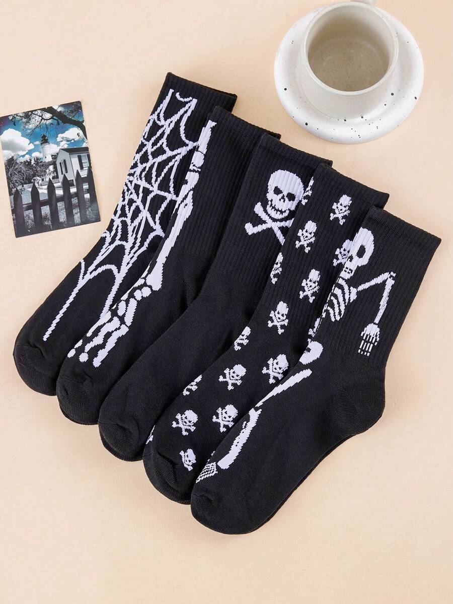 1/5 Pasang Stoking Motif Tengkorak dan Jaring Laba-laba Gaya Gotik untuk Halloween, Cocok untuk Pesta Halloween, Pakaian Sehari-hari, Dapat Digunakan Sebagai Hadiah Liburan - MultiWarna - View 1