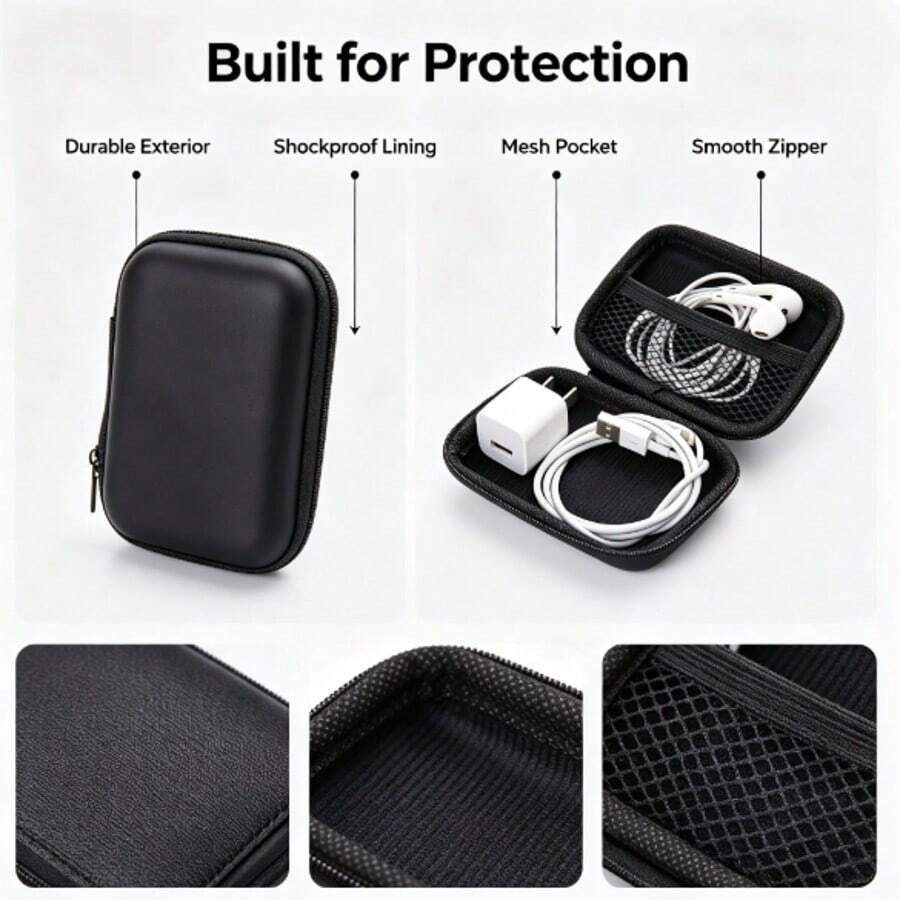 1pc Compact Electronic Travel Storage Box - EVA Mini Matte, Phone Charger, Data Cable And Earphone Storage Box, Travel Essential, Travel Must-Have - 1pc Black - View 1