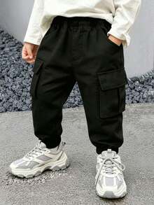 1pc Toddler Boys' Minimalist Outdoor Sports Drawstring Cargo Pants, Suitable For Spring & Autumn - Black - View 5