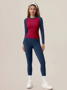 TimeOff Women's One Set Colorblock Round Neck Long Sleeve High Waist Leggings Gym Workout Set - Navy Blue - View 10