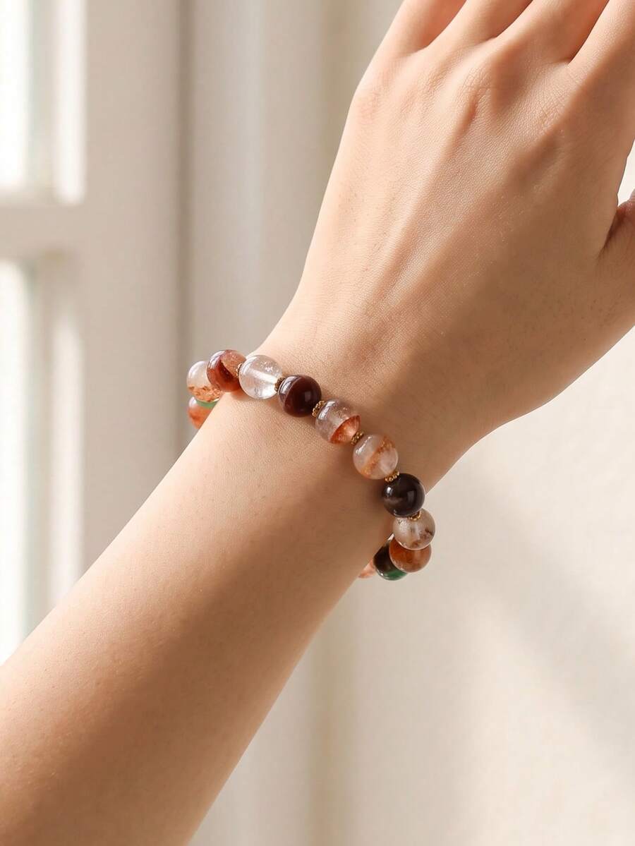 1 Pc Fall Decor Natural Mixed Crystal Stone Beaded Bracelet Red Phantom Quartz Green Aventurine Round Beads Healing Bracelet Fall Style Jewelry Women - Bracelet - View 1