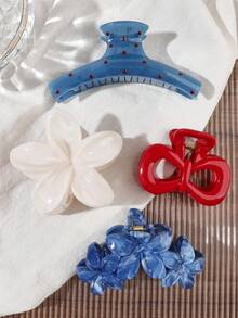 4件組春夏波希米亞甜美紅藍配色果凍髮夾，附紅色蝴蝶結、花卉與大理石紋，海灘海邊盤髮髮飾 - 彩色 - 查看 2
