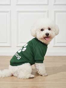LUCKIE LABO 1pc Simple Cute Paw Print Slogan Pattern Printed Polyester No-Hood Sweatshirt For Cats And Dogs, Anti-Flea, Reduces Shedding, Breathable, Suitable For Indoor And Outdoor Use - Dark Green - View 3