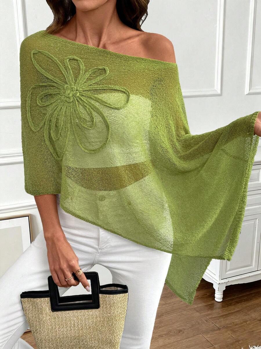 Blusa de punto de estilo poncho con diseño de bajo asimétrico y unicolor, talla grande para verano