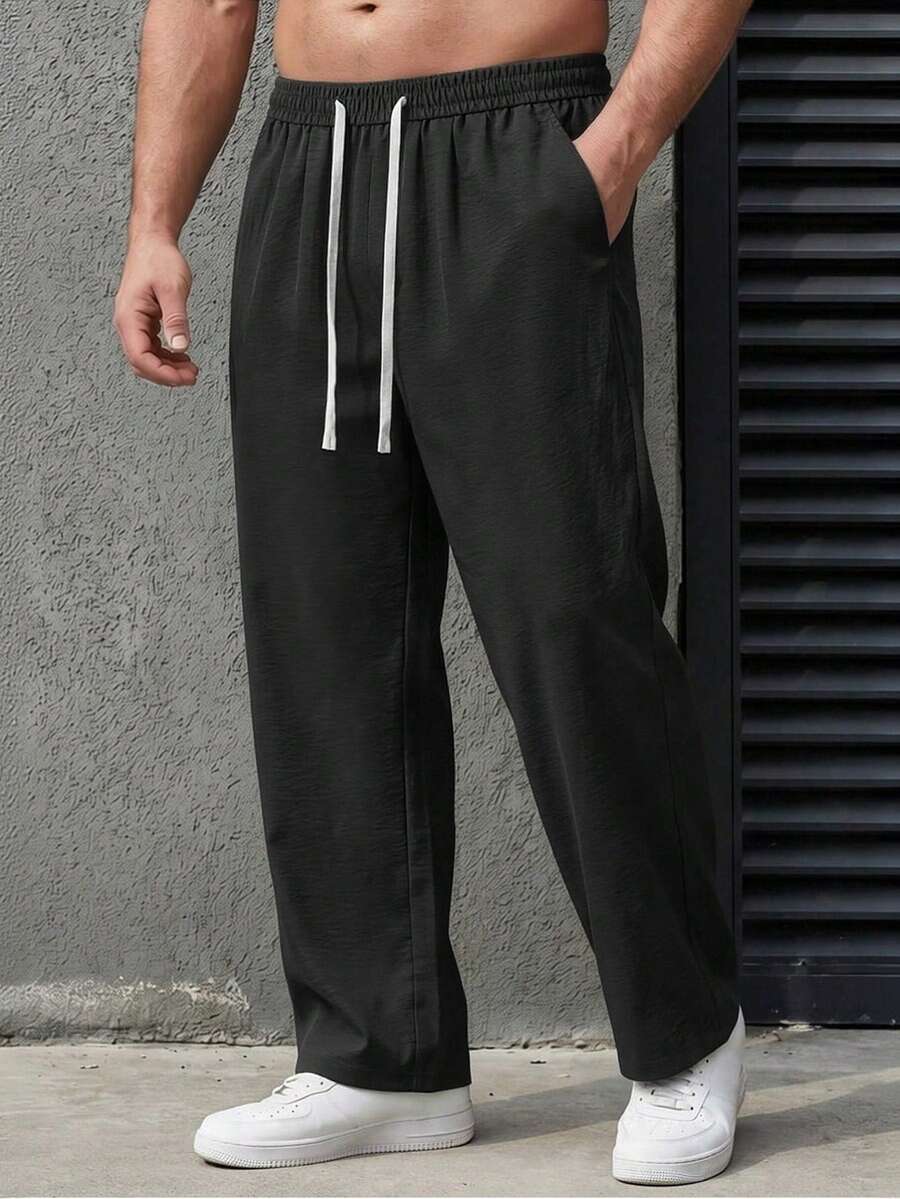 Celana Panjang Kasual Pria Warna Polos dengan Tali Serut, Potongan Lurus, Ringan, Bernapas, Longgar, dan Jatuh dengan Kantong. - Hitam - View 1