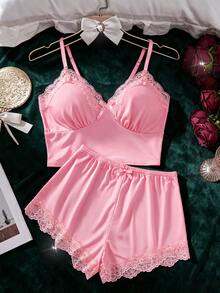2pcs Floral Lace Pajama Set, V-Neck Solid Color Comfortable Knit Fabric Bow Top And Shorts Women Sleepwear - Baby Pink - View 10