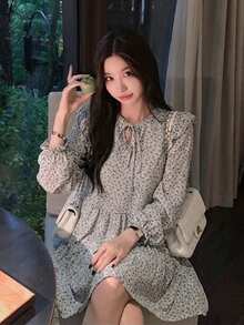 Gaun Musim Semi/Panas Terbaru, Sederhana, Kasual, Longgar, Motif Bunga, Lengan Panjang, Putih, Elegan untuk Liburan - Putih - View 8