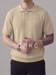 GRKC Men's Short Sleeve Polo Shirt, Polo Collar Short Sleeve Knit Loose Straight Casual Style Short Sleeve Knit Polo Spring/Summer Top - Coffee Brown - View 2