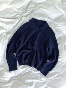 Kardigan Rajut Wanita Musim Gugur/Dingin Vintage Biru Navy Kerah Lipat Desain Kancing Tunggal Efek Melangsing Serbaguna Jaket Sweater - Navy Blue - View 5