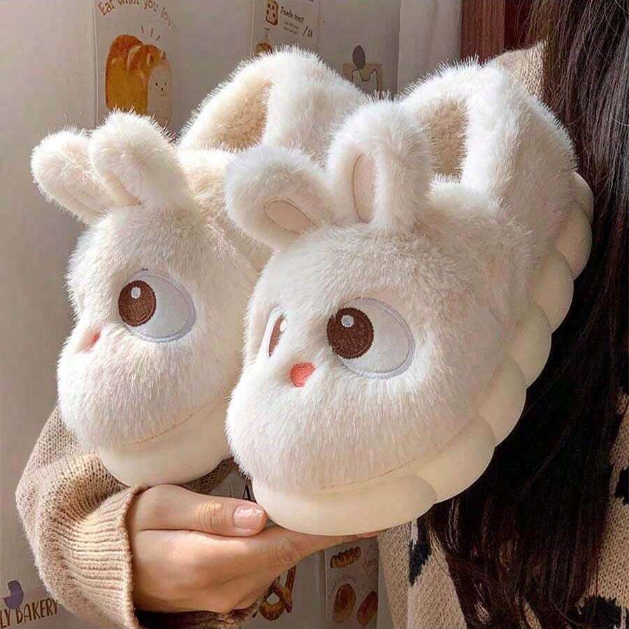 Pantuflas cerradas de invierno nuevas con diseño lindo de conejo de dibujos animados, forro térmico, cálidas, simples, cómodas y de felpa - Blanco - Ver 1